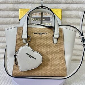 Karl Lagerfeld White and Tan Woven Tote with Heart Coin Pouch NWOT